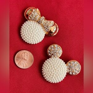 Vintage Disney Mickey & Minnie Mouse 3D icon face Gold Pearl Crystal Brooch Pin